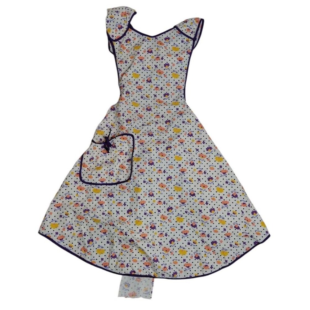Vintage Apron 1 Pocket  W/ Ties In Back Purple Flowers Trad Grannycore Handmade